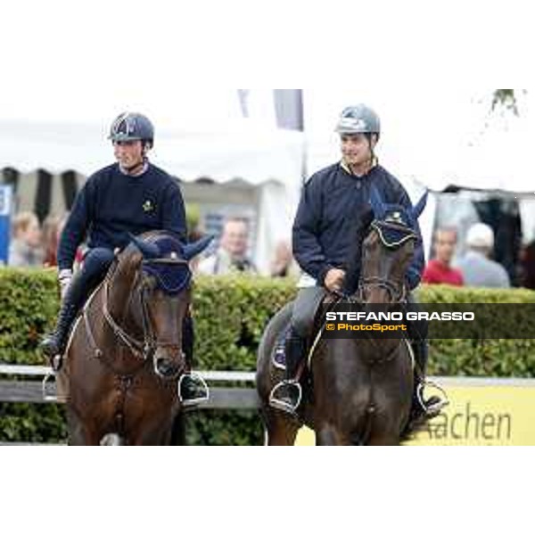 Aachen - FEI European Championships 2015 Team Italia Loro Piana warming up Lorenzo De Luca on Erco van\'t Roosakker and Emanuele Gaudiano on Admara 2 Aachen,18th August 2015 ph.Stefano Grasso/Loro Piana