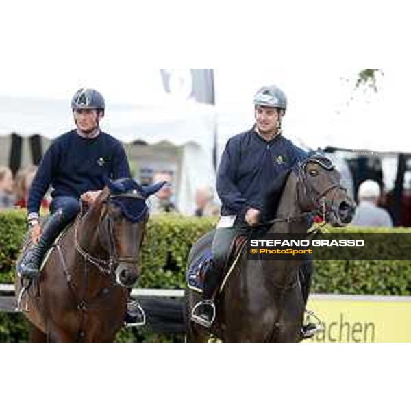 Aachen - FEI European Championships 2015 Team Italia Loro Piana warming up Lorenzo De Luca on Erco van\'t Roosakker and Emanuele Gaudiano on Admara 2 Aachen,18th August 2015 ph.Stefano Grasso/Loro Piana