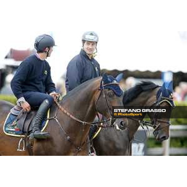 Aachen - FEI European Championships 2015 Team Italia Loro Piana warming up Lorenzo De Luca on Erco van\'t Roosakker and Emanuele Gaudiano on Admara 2 Aachen,18th August 2015 ph.Stefano Grasso/Loro Piana