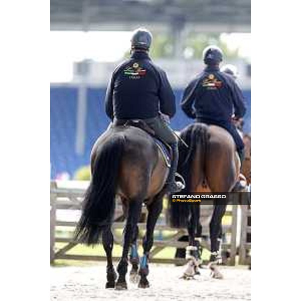 Aachen - FEI European Championships 2015 Team Italia Loro Piana warming up Lorenzo De Luca on Erco van\'t Roosakker and Emanuele Gaudiano on Admara 2 Aachen,18th August 2015 ph.Stefano Grasso/Loro Piana