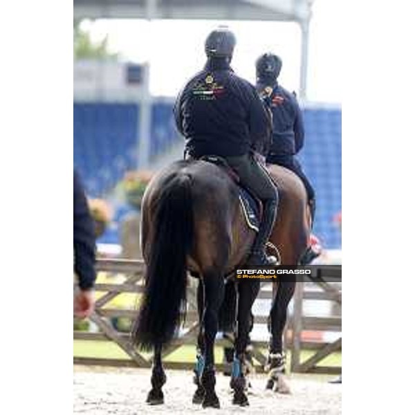 Aachen - FEI European Championships 2015 Team Italia Loro Piana warming up Lorenzo De Luca on Erco van\'t Roosakker and Emanuele Gaudiano on Admara 2 Aachen,18th August 2015 ph.Stefano Grasso/Loro Piana