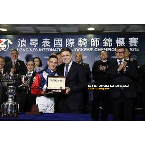 Longines Hong Kong International Jockeys Championship Juan Carlos Capelli with Gavin Lerena winner of the Longines Hong Kong International Jockeys Championship Happy Valley racecourse,9th dec.2015 ph.Stefano Grasso/Longines