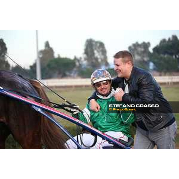 Vincenzo Piscuoglio dell\'Annunziata and Harry Rantanen after winning the Gran Premio Gala Internazionale del Trotto Roma, Capannelle racecourse,26/12/2015 ph.Stefano Grasso/HippoGroup Roma Capannelle