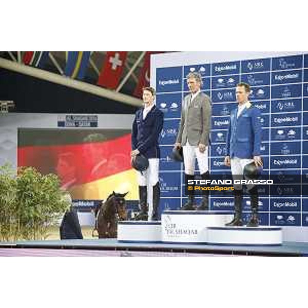 The podium of Gran Prix.Beerbaum,Ahlmann and Deusser Doha,5th march 2016 ph.©.CHI Al Shaqab/Stefano Grasso all rights reserved