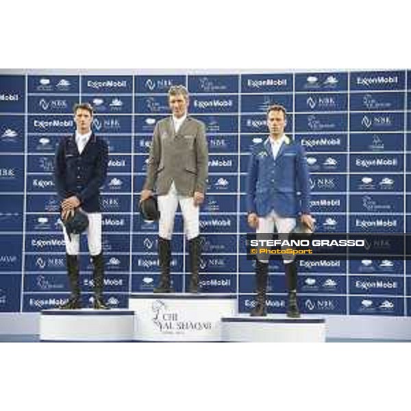 The podium of Gran Prix.Beerbaum,Ahlmann and Deusser Doha,5th march 2016 ph.©.CHI Al Shaqab/Stefano Grasso all rights reserved