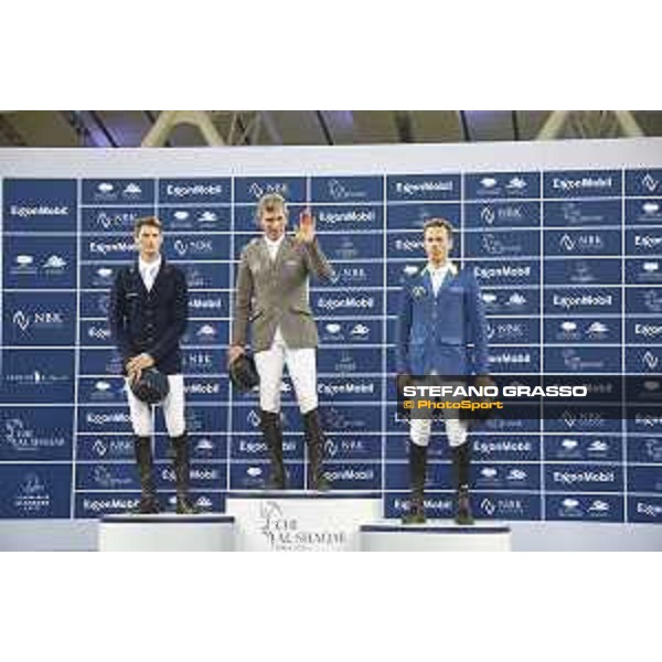 The podium of Gran Prix.Beerbaum,Ahlmann and Deusser Doha,5th march 2016 ph.©.CHI Al Shaqab/Stefano Grasso all rights reserved