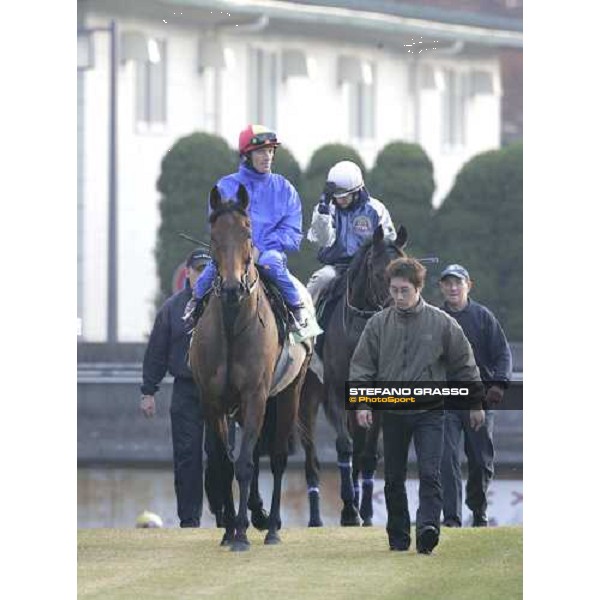 Frankie Dettori on Alkaased followed by Kieren Fallon on Oujia Board go to morning track works at Fuchu race course Tokyo, 25th november 2005 ph. Stefano Grasso