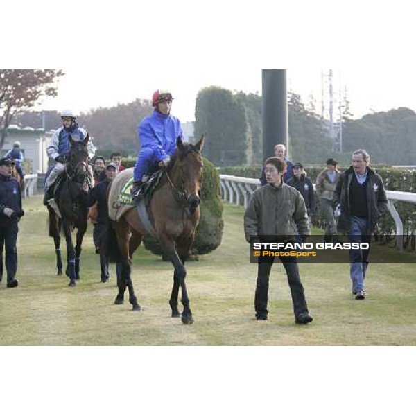 Frankie Dettori on Alkaased with Luca Cumani, followed by Ed Dunlop and Kieren Fallon on Oujia Board go to teh track for morning track works at Fuchu race course Tokyo, 25th november 2005 ph. Stefano Grasso