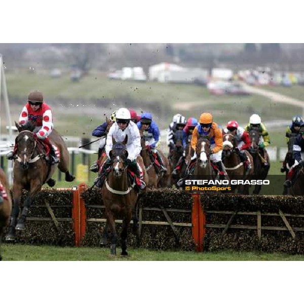 Richard Thornton on My Way de Solzen (1st from left) at the first turn in the Ladbrokes World Hurdle Race Cheltenham, 16th march 2006 ph. Stefano Grasso