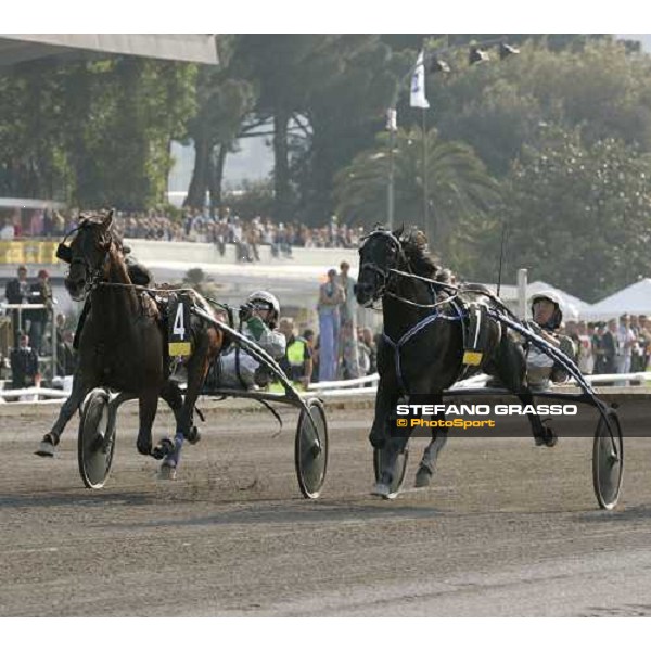 Andrea Guzzinati with Malabar Circle As leads at last few meters to the line of Gran Premio Lotteria di Agnano. At right Enrico Bellei with Let\'s Go Napoli, 7th may 2006 ph. Stefano Grasso