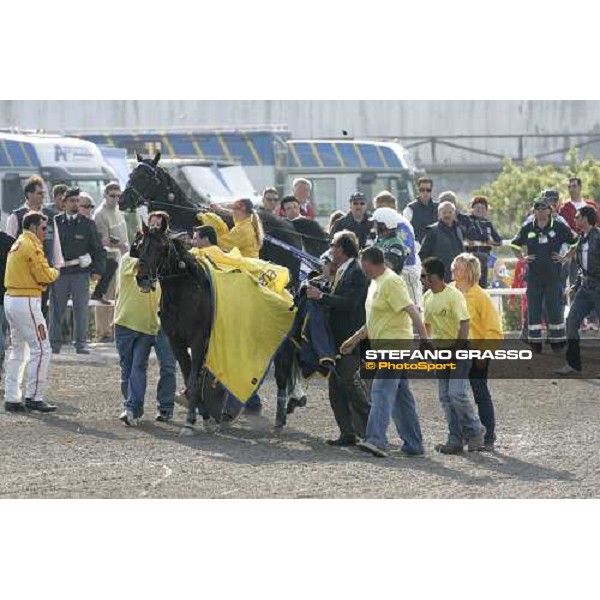 Andrea Guzzinati with Malabar Circle As after the triumph of Gran Premio Lotteria di Agnano. In the background Enrico Bellei with Let\'s Go Napoli, 7th may 2006 ph. Stefano Grasso