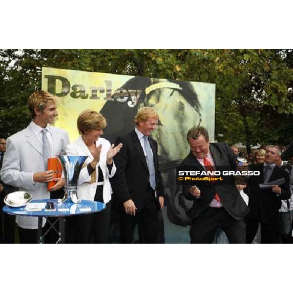 giving prize of Darley Prix Morny won by Christophe Soumillon on Dutch Art with triumphing trainer Peter Chapple-Hyam Deauville, 20th august 2006 ph. Stefano Grasso