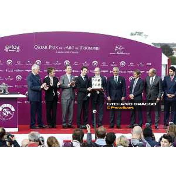 Ryan Moore on Found wins the Qatar Prix de l\'Arc de Triomphe - the prize giving ceremony Chantilly,2nd october 2016 ph.Stefano Grasso
