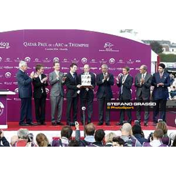 Ryan Moore on Found wins the Qatar Prix de l\'Arc de Triomphe - the prize giving ceremony Chantilly,2nd october 2016 ph.Stefano Grasso