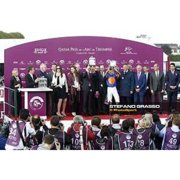 Ryan Moore on Found wins the Qatar Prix de l\'Arc de Triomphe - the prize giving ceremony Chantilly,2nd october 2016 ph.Stefano Grasso