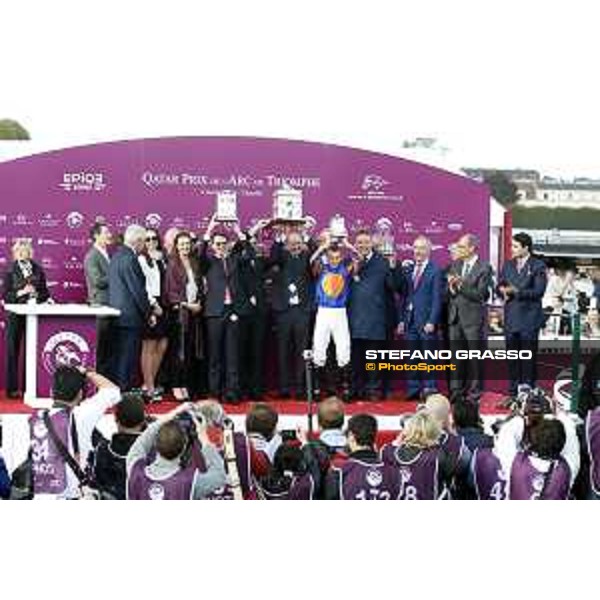 Ryan Moore on Found wins the Qatar Prix de l\'Arc de Triomphe - the prize giving ceremony Chantilly,2nd october 2016 ph.Stefano Grasso