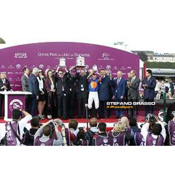 Ryan Moore on Found wins the Qatar Prix de l\'Arc de Triomphe - the prize giving ceremony Chantilly,2nd october 2016 ph.Stefano Grasso