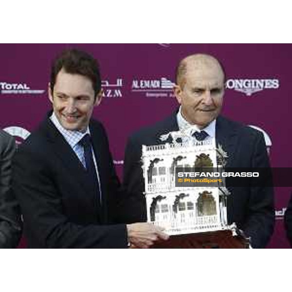 Ryan Moore on Found wins the Qatar Prix de l\'Arc de Triomphe - The prize giving ceremony - Michael Tabor and Paul Smith Chantilly,2nd october 2016 ph.Stefano Grasso