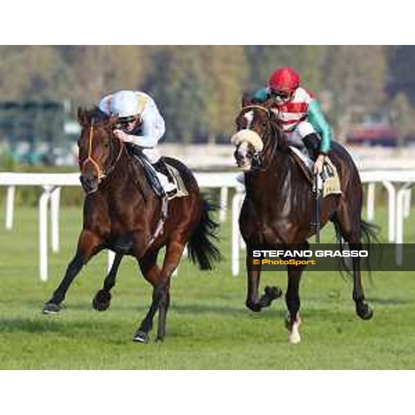 Christian Demuro on Ventura Storm wins the Gran Premio del Jockey Club - Umberto Rispoli on Full Drago is second Milan,San Siro galopp racecourse 16/10/2016 ph.Stefano Grasso