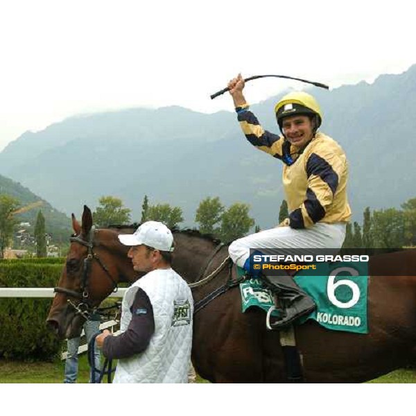 MERANO, 24 Septembre 2006. Gran Premio . La joie de Dirk Fuhrmann en selle sur \'Kolorado\' ph. Jean Charles Briens