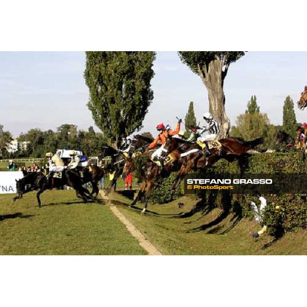 horses jump the Taxis during the 116¡ Velka pardubicka Ceske Pojistovny- Harry the Beaver leads followed by the winner Decent Fellow Pardubice, 8th october 2006 ph. Stefano Grasso