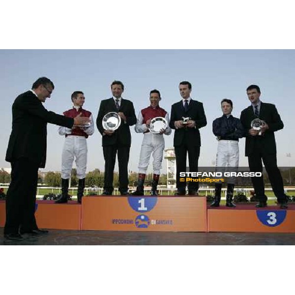 the podium of Gran Criterium with Frankie Dettori, Mark Johnston, Philip Robinson, Kieren Fallon and Francesco Ruffo della Scaletta Milan San Siro, 15th october 2006 ph. Stefano Grasso