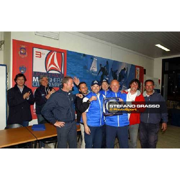 l\' equipaggio 2° classificato con Stefano Rizzi al timone 3° MAtch Race Città di MArghera Venezia, 25 aprile 2004 ph.Stefano Grasso