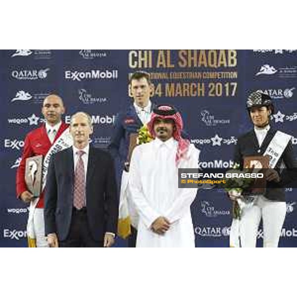 Prize giving ceremony - Omer Karaevli, Scott Brash, Pilar Cordon, Sheikh Jooan Bin Hamad Bin Khalifa Al Thani and Exxon Mobil Qatar CEO Alistair Routledge Competition S12 - CSI5* Shaqab, 4th march 2017 ph.Stefano Grasso/Al Shaqab