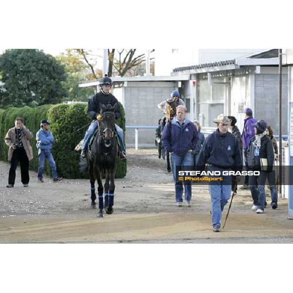 Jason Tate on Oujia Board with Ed Dunlop and Robin Trevor Jones exit from the quarantine stables at Fuchu racecourse preparing for morning trackworks Tokyo, 24th nov. 2006 ph.Stefano Grasso