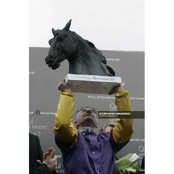 Pierre Levesque stands the trophy after winning the the Grand Prix d\'Amerique 2007 Paris Vincennes, 28th january 2007 ph. Stefano Grasso