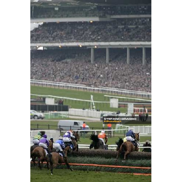 the horses of Jewson Novices\' Handicap Chase jump a fence towards the finish line with the crowded grandstand on the background Cheltenham, The Festival, 3rd day. 15th march 2007 ph. Stefano Grasso