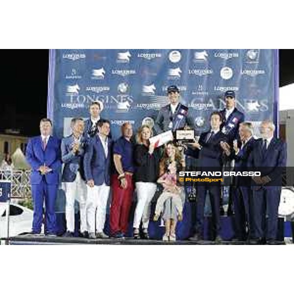 LGCT of Cannes - Grand prix - Prize giving ceremony - From left to right: Jan Tops: president Longines Global Champions Tour Christophe Plantier: CEO hotel Prince Maurice David Lisnard: mayor city of Cannes Gustavo Mirabal: owner winning horse Arrayan Janine Biache: promoter Air France Carolina and Gustavo junior Mirabal: owner winning horse Arrayan Armand Vigneras: commercial advisor Longines France Francois Bourrey: President Cannes International Jumping Mr Francois Albertini: French Equestrian Federation representant Riders: 1st: Sergio Alvarez Moya (ESP) 2nd: Simon Delestre (FRA) 3rd: Daniel Deusser (GER) - Cannes, Stade des Hesperyde - 10 June 2017 - ph.Mario Grassia/LGCT