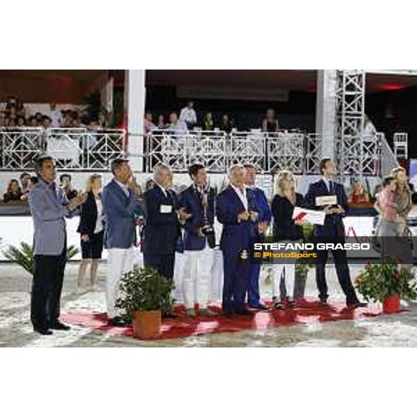 LGCT of Cannes - Grand prix - Prize giving ceremony - From left to right: Christophe Plantier: CEO hotel Prince Maurice, Mr Francois Albertini: French Equestrian Federation representant David Lisnard: mayor city of Cannes, Francois Bourrey: President Cannes International Jumping, Jan Tops: president Longines Global Champions Tour, Janine Biache: promoter Air France, Armand Vigneras: commercial advisor Longines France Riders: 1st: Sergio Alvarez Moya (ESP) 2nd: Simon Delestre (FRA) 3rd: Daniel Deusser (GER) - Cannes, Stade des Hesperyde - 10 June 2017 - ph.Mario Grassia/LGCT