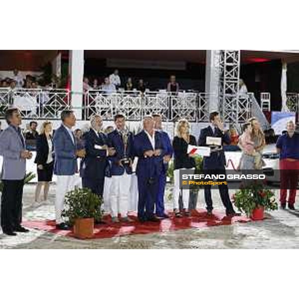 LGCT of Cannes - Grand prix - Prize giving ceremony - From left to right: Christophe Plantier: CEO hotel Prince Maurice, Mr Francois Albertini: French Equestrian Federation representant David Lisnard: mayor city of Cannes, Francois Bourrey: President Cannes International Jumping, Jan Tops: president Longines Global Champions Tour, Janine Biache: promoter Air France, Armand Vigneras: commercial advisor Longines France Riders: 1st: Sergio Alvarez Moya (ESP) 2nd: Simon Delestre (FRA) 3rd: Daniel Deusser (GER) - Cannes, Stade des Hesperyde - 10 June 2017 - ph.Mario Grassia/LGCT
