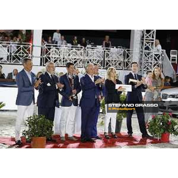 LGCT of Cannes - Grand prix - Prize giving ceremony - From left to right: Christophe Plantier: CEO hotel Prince Maurice, Mr Francois Albertini: French Equestrian Federation representant David Lisnard: mayor city of Cannes, Francois Bourrey: President Cannes International Jumping, Jan Tops: president Longines Global Champions Tour, Janine Biache: promoter Air France, Armand Vigneras: commercial advisor Longines France Riders: 1st: Sergio Alvarez Moya (ESP) 2nd: Simon Delestre (FRA) 3rd: Daniel Deusser (GER) - Cannes, Stade des Hesperyde - 10 June 2017 - ph.Mario Grassia/LGCT