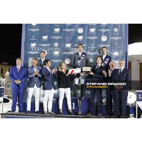 LGCT of Cannes - Grand prix - Prize giving ceremony - From left to right: Jan Tops: president Longines Global Champions Tour Christophe Plantier: CEO hotel Prince Maurice David Lisnard: mayor city of Cannes Janine Biache: promoter Air France Armand Vigneras: commercial advisor Longines France Francois Bourrey: President Cannes International Jumping Mr Francois Albertini: French Equestrian Federation representant Riders: 1st: Sergio Alvarez Moya (ESP) 2nd: Simon Delestre (FRA) 3rd: Daniel Deusser (GER) - Cannes, Stade des Hesperyde - 10 June 2017 - ph.Mario Grassia/LGCT