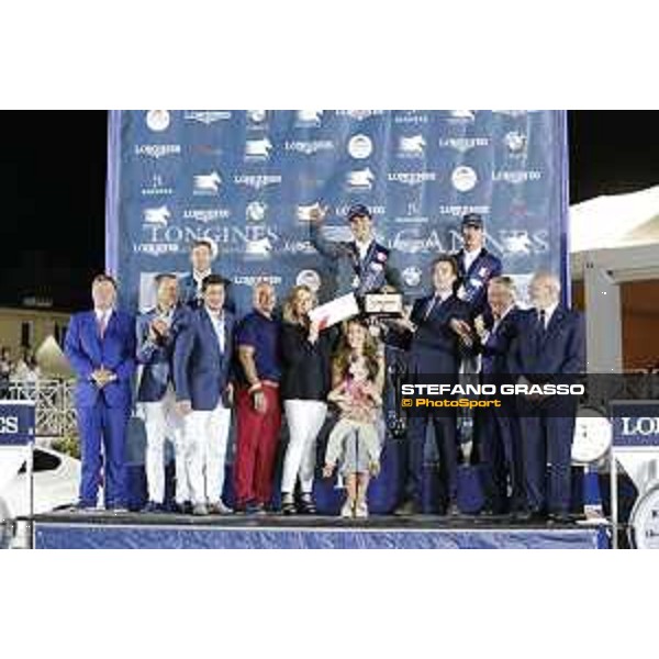 LGCT of Cannes - Grand prix - Prize giving ceremony - From left to right: Jan Tops: president Longines Global Champions Tour Christophe Plantier: CEO hotel Prince Maurice David Lisnard: mayor city of Cannes Gustavo Mirabal: owner winning horse Arrayan Janine Biache: promoter Air France Carolina and Gustavo junior Mirabal: owner winning horse Arrayan Armand Vigneras: commercial advisor Longines France Francois Bourrey: President Cannes International Jumping Mr Francois Albertini: French Equestrian Federation representant 