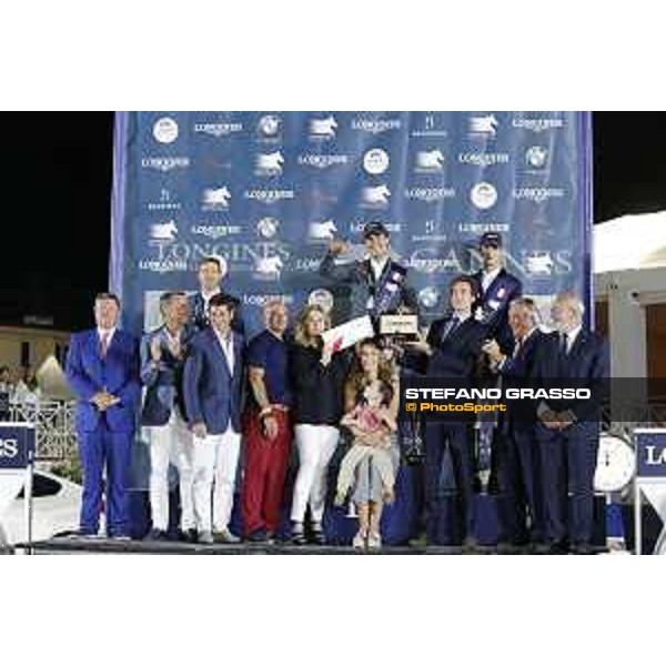 LGCT of Cannes - Grand prix - Prize giving ceremony - From left to right: Jan Tops: president Longines Global Champions Tour Christophe Plantier: CEO hotel Prince Maurice David Lisnard: mayor city of Cannes Gustavo Mirabal: owner winning horse Arrayan Janine Biache: promoter Air France Carolina and Gustavo junior Mirabal: owner winning horse Arrayan Armand Vigneras: commercial advisor Longines France Francois Bourrey: President Cannes International Jumping Mr Francois Albertini: French Equestrian Federation representant Riders: 1st: Sergio Alvarez Moya (ESP) 2nd: Simon Delestre (FRA) 3rd: Daniel Deusser (GER) - Cannes, Stade des Hesperyde - 10 June 2017 - ph.Mario Grassia/LGCT
