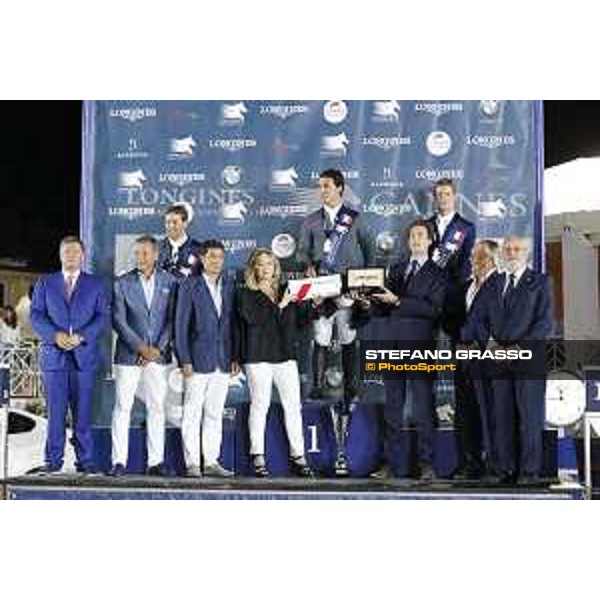 LGCT of Cannes - Grand prix - Prize giving ceremony - From left to right: Jan Tops: president Longines Global Champions Tour Christophe Plantier: CEO hotel Prince Maurice David Lisnard: mayor city of Cannes Janine Biache: promoter Air France Armand Vigneras: commercial advisor Longines France Francois Bourrey: President Cannes International Jumping Mr Francois Albertini: French Equestrian Federation representant Riders: 1st: Sergio Alvarez Moya (ESP) 2nd: Simon Delestre (FRA) 3rd: Daniel Deusser (GER) - Cannes, Stade des Hesperyde - 10 June 2017 - ph.Mario Grassia/LGCT