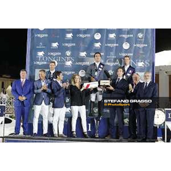 LGCT of Cannes - Grand prix - Prize giving ceremony - From left to right: Jan Tops: president Longines Global Champions Tour Christophe Plantier: CEO hotel Prince Maurice David Lisnard: mayor city of Cannes Janine Biache: promoter Air France Armand Vigneras: commercial advisor Longines France Francois Bourrey: President Cannes International Jumping Mr Francois Albertini: French Equestrian Federation representant Riders: 1st: Sergio Alvarez Moya (ESP) 2nd: Simon Delestre (FRA) 3rd: Daniel Deusser (GER) - Cannes, Stade des Hesperyde - 10 June 2017 - ph.Mario Grassia/LGCT