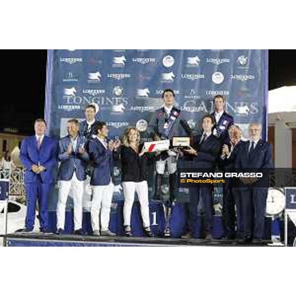 LGCT of Cannes - Grand prix - Prize giving ceremony - From left to right: Jan Tops: president Longines Global Champions Tour Christophe Plantier: CEO hotel Prince Maurice David Lisnard: mayor city of Cannes Gustavo Mirabal: owner winning horse Arrayan Janine Biache: promoter Air France Carolina and Gustavo junior Mirabal: owner winning horse Arrayan Armand Vigneras: commercial advisor Longines France Francois Bourrey: President Cannes International Jumping Mr Francois Albertini: French Equestrian Federation representant 