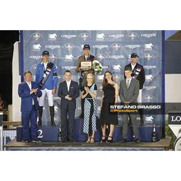 LGCT of Monaco - Grand Prix - The podium: 1st Alberto Zorzi, 2nd Christian Ahlmann and 3rd Kevin Staut - Jan Tops, Lars Windhorst, Ingeborga Dapkunaite, Princess Charlotte and David Auberson - Monaco, Port Hercule - 24 June 2017 - ph.Mario Grassia/LGCT