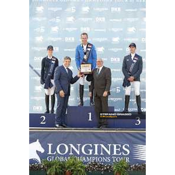 LGCT of Berlin - Prize giving ceremony - The podium: 1st Christian Ahlmann, 2nd Simone Blum and 3rd Leopold Van Asten - Berlin, 29th july 2017 - ph.Stefano Grasso/LGCT