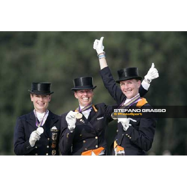 the podium of Grand Prix Kur at the European Dressage Championship Anky Van Grunsven, gold medal, Isabell Werth, Silver medal and Imke Schellekens-Bartels, bronze medal La Mandria, 2nd sept. 2007 ph. Stefano Grasso 