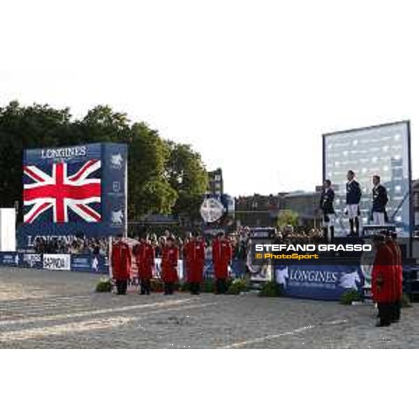 LGCT of London - Grand Prix - Prize giving ceremony - The podium: 1st Scott Brash, 2nd Ben Maher and 3rd Denis Lynch - Chelsea Pensioners - London, - 5 August 2017 - ph.Mario Grassia/LGCT