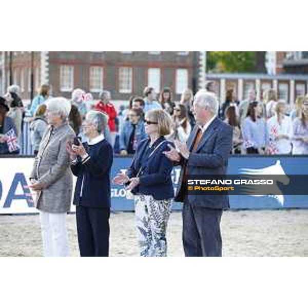 LGCT of London - Grand Prix - Prize giving ceremony - The podium: 1st Scott Brash, 2nd Ben Maher and 3rd Denis Lynch - Jan Tops, Frank McCourt, Lady Harris and Lady Kirkham - London, - 5 August 2017 - ph.Mario Grassia/LGCT