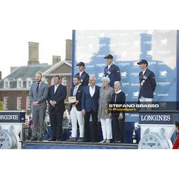 LGCT of London - Grand Prix - Prize giving ceremony - The podium: 1st Scott Brash, 2nd Ben Maher and 3rd Denis Lynch - Jan Tops, Frank McCourt, Lady Harris and Lady Kirkham - London, - 5 August 2017 - ph.Mario Grassia/LGCT