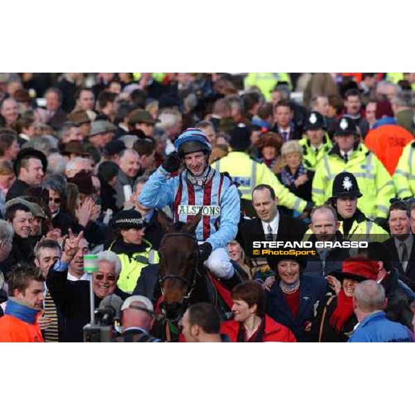 \'J.Cullothy on Best MAte in triumph after winning his 2nd Gold Cup Cheltenham march 13 2003-ph.Stefano Grasso\' 