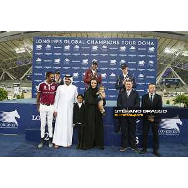 LGCT of Doha - Prize giving ceremony - Janika Sprunger, Bassem Hassan Mohammed, Peder Fredricson, Jan Tops, Sheikha Moza Bint Nasser Al Missned, Gilles Robert and Sheikh Joaan Bin Hamad Al Thani - DOHA - Al Shaqab,11th nov. 2017 - ph.Stefano Grasso/LGCT