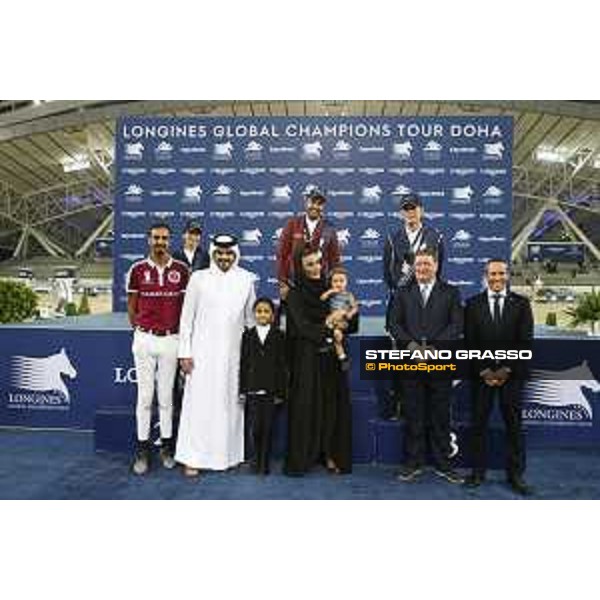 LGCT of Doha - Prize giving ceremony - Janika Sprunger, Bassem Hassan Mohammed, Peder Fredricson, Jan Tops, Sheikha Moza Bint Nasser Al Missned, Gilles Robert and Sheikh Joaan Bin Hamad Al Thani - DOHA - Al Shaqab,11th nov. 2017 - ph.Stefano Grasso/LGCT